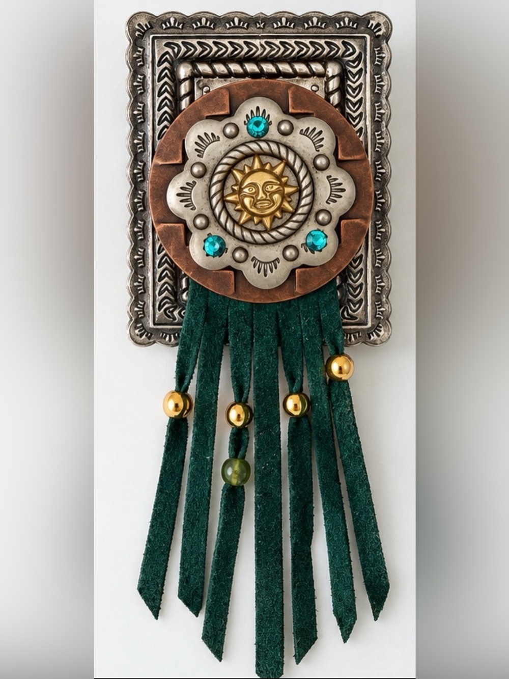 Celestial Sun Western Brooch Turquoise Rhinestone Green Fringe Statement Pin